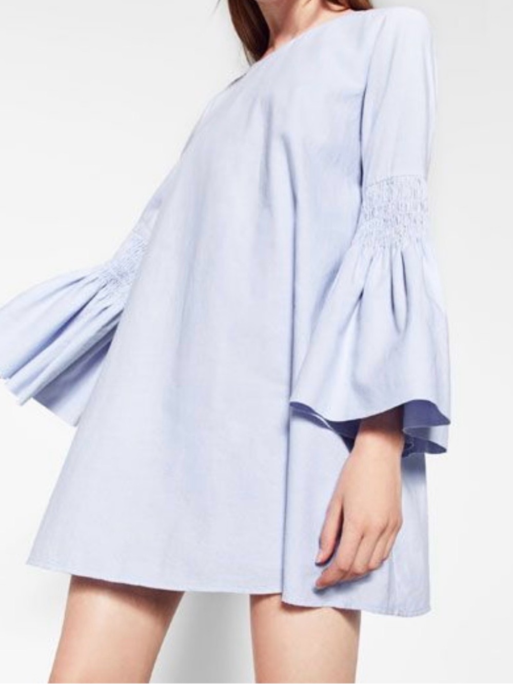 Zara Pale Blue Smocked Bell-Sleeve Mini romper dress Size Medium